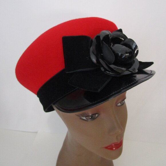 Mushroom Red Wool Visor Brim Cap Hat Patent Leather Brim Flower - Picture 14 of 14